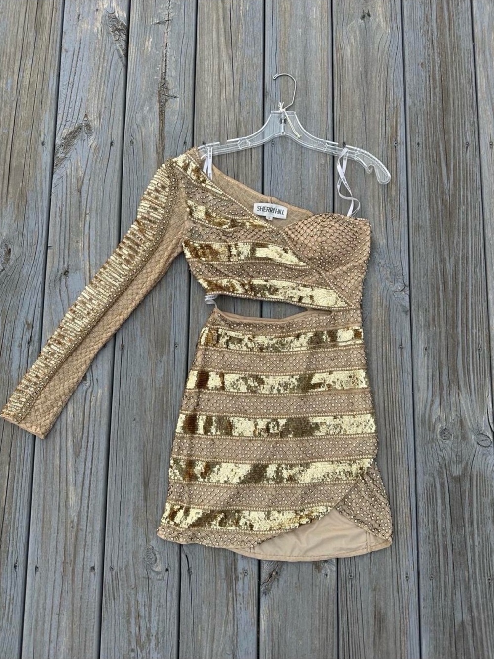 Sherri Hill Gold Sequin One-Shoulder Cutout Homecoming Dress